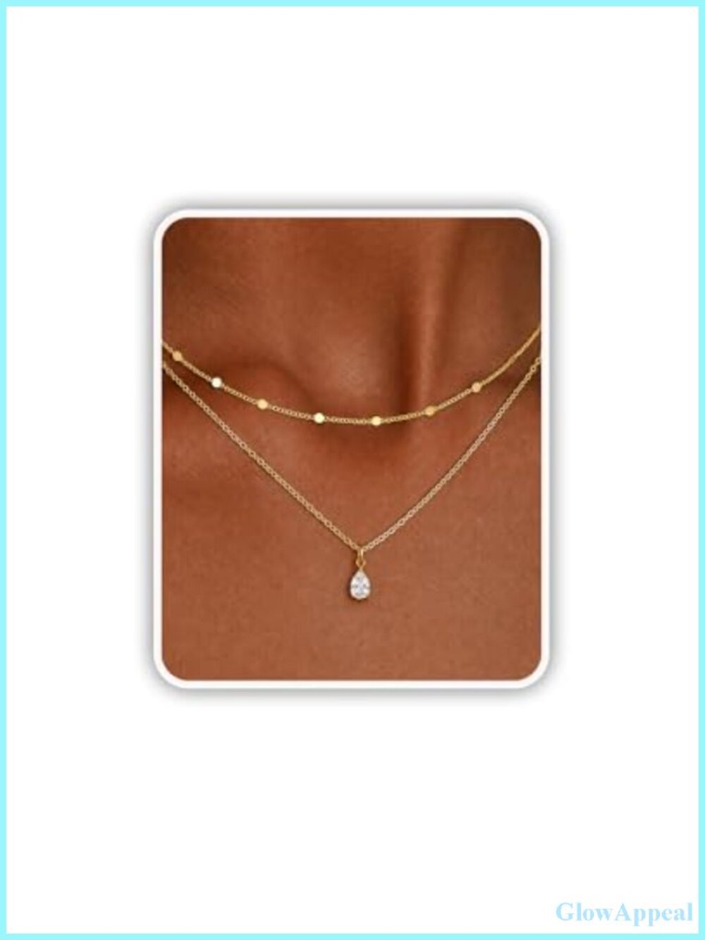 14K Gold Plated Layered Necklace Teardrop CZ Pendant Dainty
